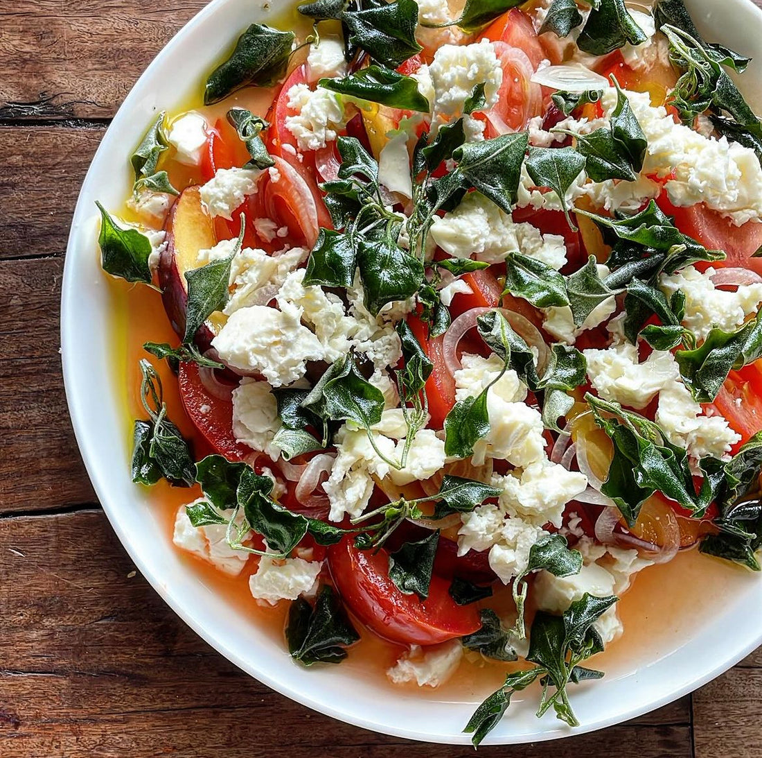 Heirloom tomato, stone fruit, & pickled pepper salad with raw Jersey cheese and saltbush.